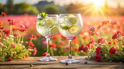 Product photograph of two gin tonic cocktails with lime in a field of blooming flowers under sunlight