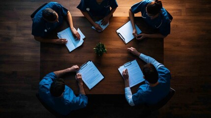 Top view of healthcare professionals discussing patient records in a meeting, emphasizing teamwork and communication in the medical field.