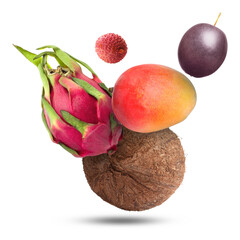 Wall Mural - Coconut, dragonfruit, mango, lychee and maracuja falling on white background. Tropical fruits