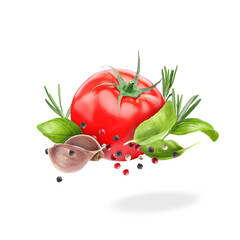 Poster - Fresh tomato with herbs, garlic and mix of peppers in air on white background