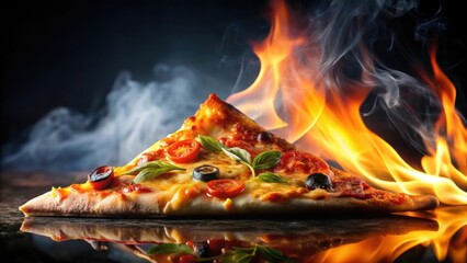 Poster - Hot pizza slice on dark background with fire and smoke effect, pizza, slice, hot, dark, background, fire, smoke, effect, food