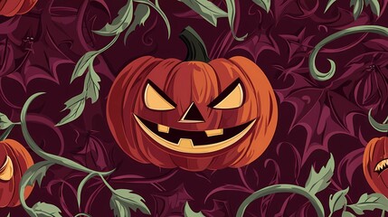 Wall Mural - Seamless repeating Halloween vector pattern featuring a carved jack-o-lantern pumpkin face with a toothy grin, accompanied by a maroon bat silhouette and swirling green branches 