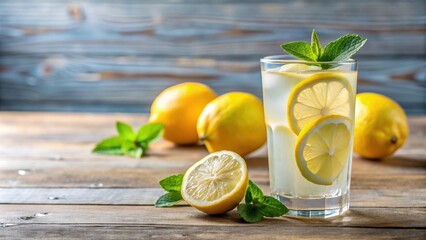 Poster - Refreshing glass of lemonade with a slice of lemon on a table, lemonade, glass, drink, citrus, summer, beverage, cold, refreshing, slice