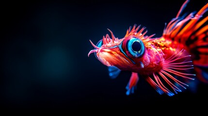 Vibrant close-up of a red and blue tropical fish with striking details against a dark background, highlighting its unique beauty.