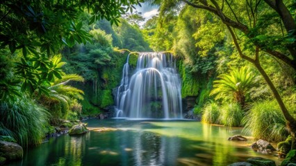 Poster - A serene waterfall framed by vibrant lush vegetation, creating a tranquil and picturesque setting, waterfall, lush