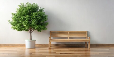 Wall Mural - A unique interior decoration featuring a wooden bench and a tree, bringing nature into the home