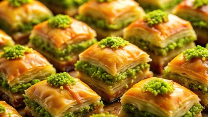 Wall Mural - Exquisite Pistachio Baklava Close-Up Shot of Tempting Layers , pistachio, baklava, dessert, sweet, nuts, layers, phyllo dough