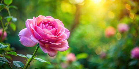 Canvas Print - Pink rose blooming beautifully in a lush garden , pink, rose, flower, bloom, garden, nature, beauty, plant, petal, fragrance