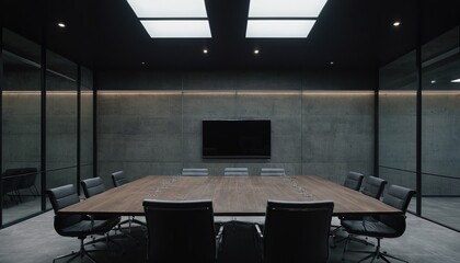 Poster - Nobody in the modern and elegant black empty company office interior with black chairs and mat black metal table sitting on a shiny gray floor 104