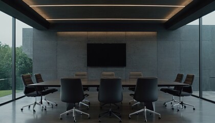 Poster - Nobody in the modern and elegant black empty company office interior with black chairs and mat black metal table sitting on a shiny gray floor 103