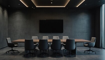 Poster - Nobody in the modern and elegant black empty company office interior with black chairs and mat black metal table sitting on a shiny gray floor 101