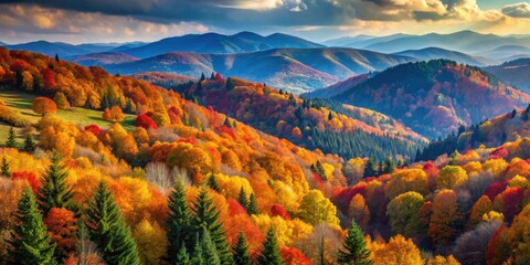 Wall Mural - Vibrant foliage covering the Ukrainian Carpathian Mountains during the fall season, autumn, scenic, landscape, colorful, mountains