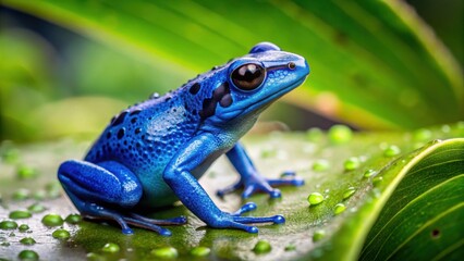 Wall Mural - Blue poison dart frog sitting on a dew-covered leaf , exotic, tropical, amphibian, colorful, poisonous, vibrant