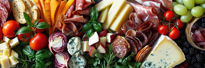 Wall Mural - Assorted Cheeses and Fresh Vegetables on a Charcuterie Platter