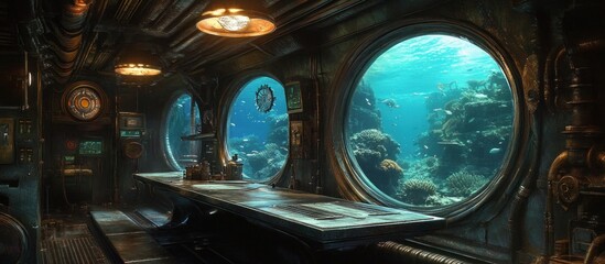 Wall Mural - Interior of a Steampunk Submarine with Underwater View