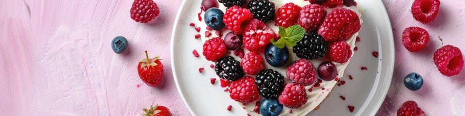 Canvas Print - Heart-shaped cake adorned with berries for a Valentine's Day greeting card, flat lay perspective.