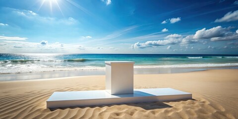 Poster - Scenic beachfront with a podium showcasing a product, beach, ocean, scenic, podium, product, blue, clear, display, sand