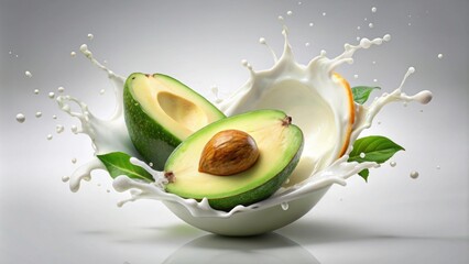 Poster - Avocado sweet milk with splashes realistic, fruit and yogurt in a stock photo, avocado, sweet milk, splashes, realistic, fruit