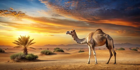 Camel with African scenery in the background on a background, camel, isolated, African, wildlife, desert, animal, mammal