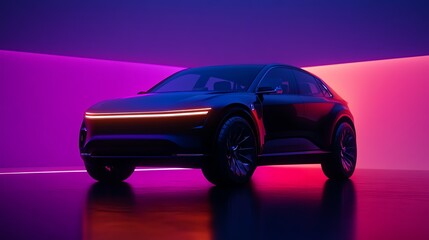 Black Electric SUV with Neon Lights in a Studio Setting