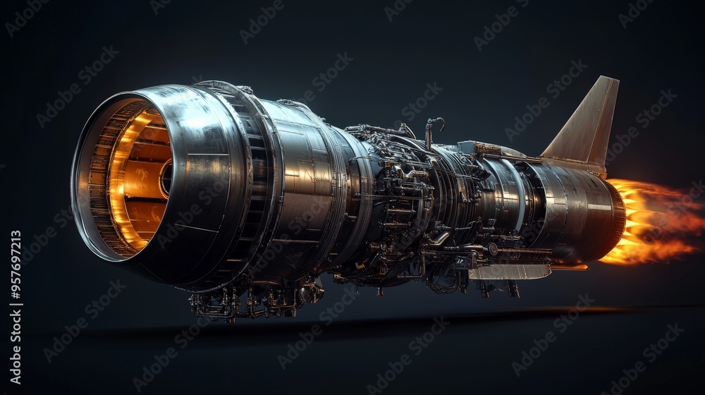 High-tech jet engine with afterburner emitting fire, representing ...