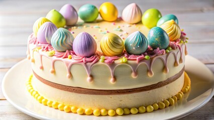 Poster - Vanilla Easter Mudcake with colorful egg decorations , vanilla, Easter, mudcake, dessert, cake, festive, holiday