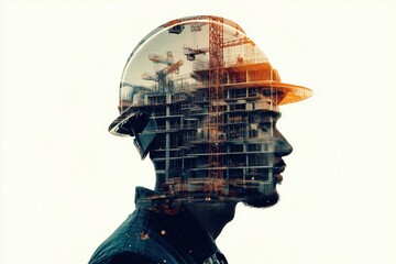 Construction worker visualizing new building project double exposure