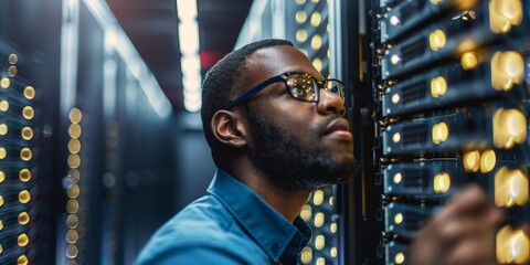 Leinwandbilder - An IT specialist working on computer servers in a data center, symbolizing technology expertise and digital infrastructure