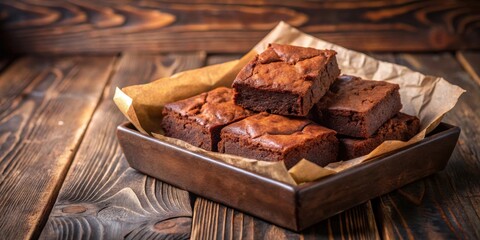 Poster - Delicious fudge brownies in a rustic brown paper box , fudge, brownies, dessert, chocolate, indulgence, delicious, sweet