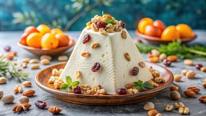 Poster - Russian Easter paskha dessert with traditional curd cheese, decorated with dried fruits and nuts, Russian, Easter