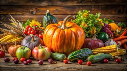 Sticker - Autumn still life featuring a decorative pumpkin surrounded by assorted colorful vegetables, pumpkin, vegetables, autumn