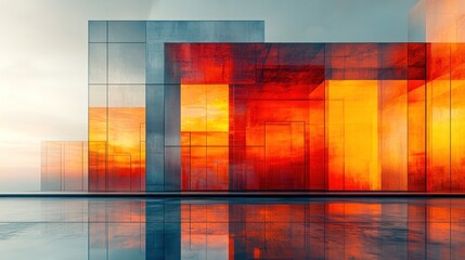 Sticker - Glass Structure Reflecting Fiery Sunset