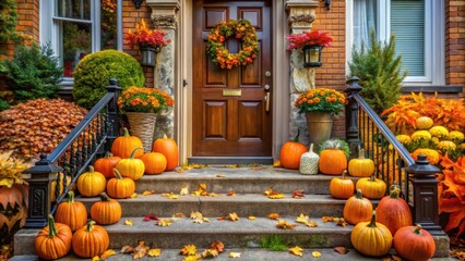 Poster - Autumn pumpkins and Halloween decorations on front door steps, pumpkins, autumn, fall, Halloween, decorations, front door