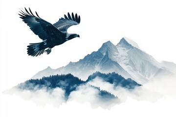 Wall Mural - Majestic eagle soaring above mountain peaks and misty forest