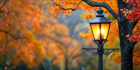 A street lamp glowing warmly against a backdrop of autumn foliage, symbolizing urban serenity and seasonal beauty