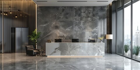 Poster - A modern office lobby with a marble stone reception desk, minimalist furniture, and contemporary art, creating a professional yet stylish ambiance