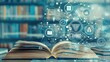 © Narongsag - Open Book with Digital Network and Icons on Blurred Library Background