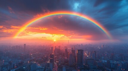 Canvas Print - Rainbow Over Cityscape at Sunset