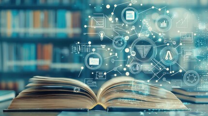 Open Book with Digital Network and Icons on Blurred Library Background