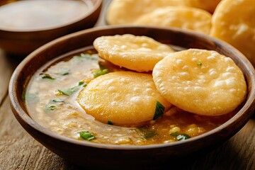 Wall Mural - Suji sooji halwa puri or shira poori breakfast, served in a plate and bowl. Selective focus