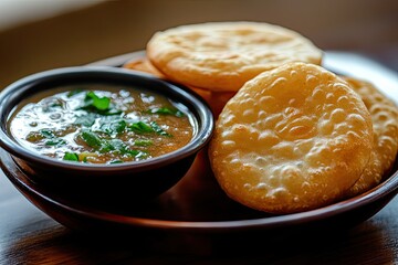 Wall Mural - Suji sooji halwa puri or shira poori breakfast, served in a plate and bowl. Selective focus