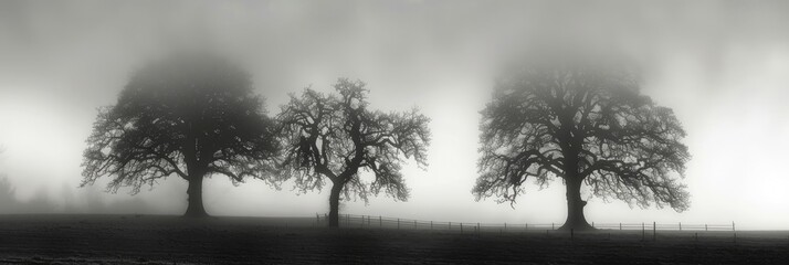 Poster - Trees silhouetted against a misty backdrop