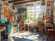 © Hesti - A messy art studio with an easel, paints, brushes, and a computer on a desk in front of a window looking out onto a sunny courtyard.