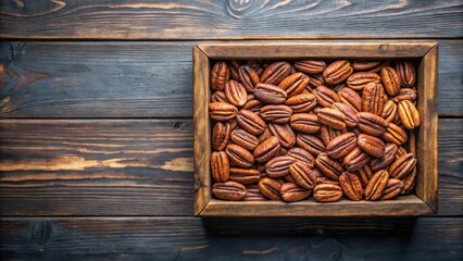 Wall Mural - A box filled with fresh pecan nuts for baking or snacking, Pecans, nuts, box, food, healthy, snack, ingredient, tasty