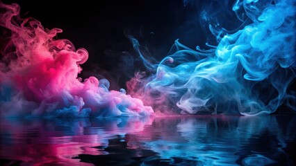 Wall Mural - Blue and pink smoke swirling in dark water surface, blue, pink, smoke, swirl, water, dark, abstract, artistic, colorful