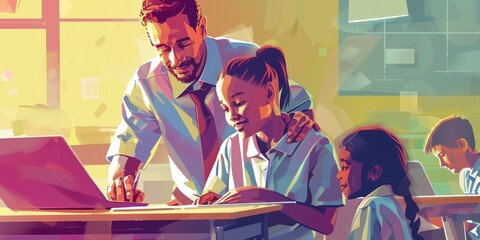 Portrait of a teacher helping a student in a classroom, emphasizing education and learning support