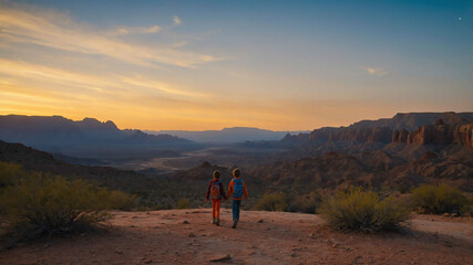 Wall Mural - kids in Desert canyon at dawn background