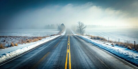 Sticker - An asphalt road in a rural setting disappearing into thick fog in the distance on a snowy winter's day , rural, asphalt road