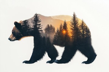 Wall Mural - Brown bear walking with coniferous forest double exposure