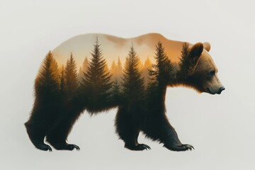 Wall Mural - Brown bear walking with coniferous forest double exposure